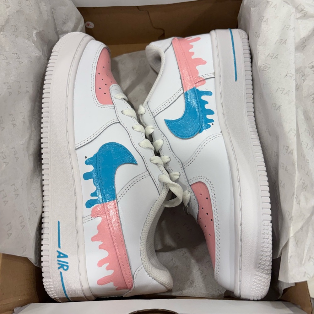 Custom Air Force 1’s White Sneakers with Blue and Pink drips